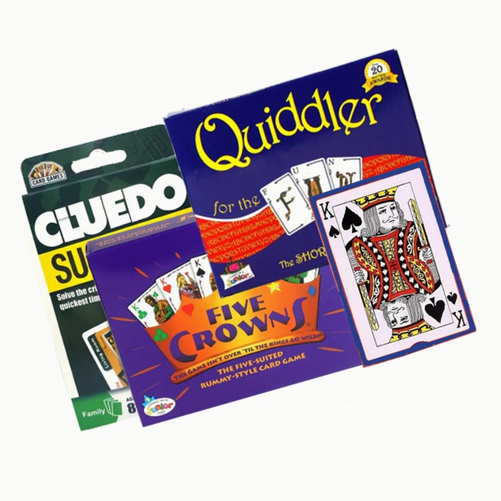 Famly Game Night - Five Crowns, Quiddler, Cluedo (Clue) Suspect & Playing Cards